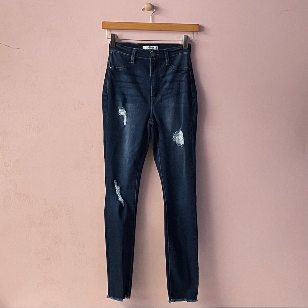 Charlotte Russe Refuge Dark Wash Distressed Raw Hem High Rise Skinny Jeans Sz 0